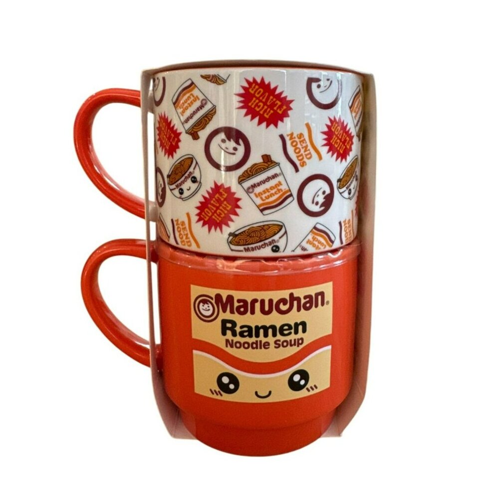 Maruchan Ramen Noodle Soup Stacking Mugs Set of 2 Orange Ceramic Soup Cups New